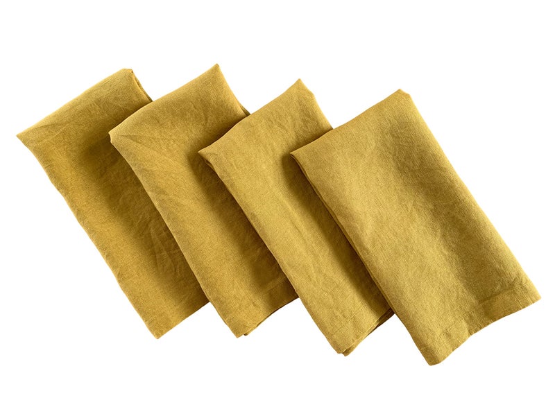 Eight Owls Linen Napkins â€“ 100% French Flax â€“ Stonewashed Pure Linen Cloth Napkins â€“ Mitered Corners â€“ Set of 4 (Mustard) - Image 1